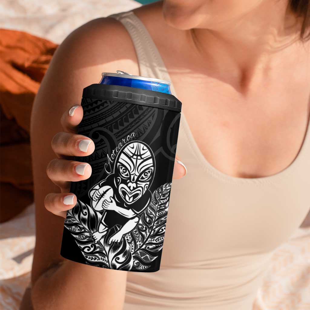New Zealand Silver Fern Rugby Custom 4 in 1 Can Cooler Tumbler Maori Tiki Black Version