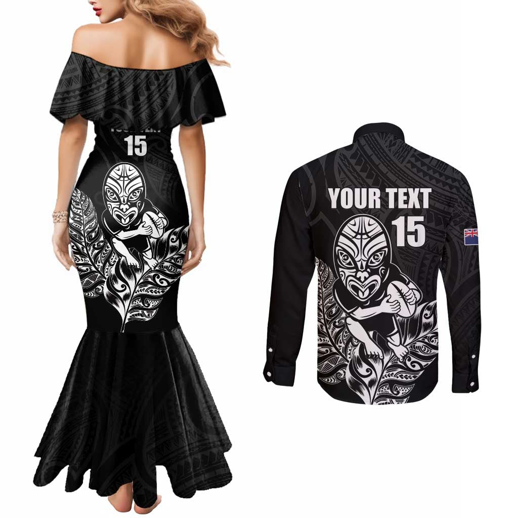 New Zealand Silver Fern Rugby Custom Couples Matching Mermaid Dress and Long Sleeve Button Shirt Maori Tiki Black Version