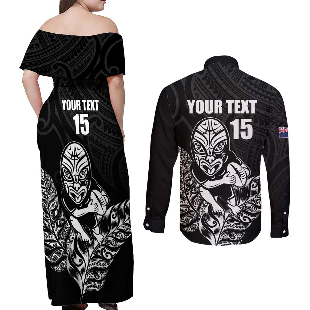 New Zealand Silver Fern Rugby Custom Couples Matching Off Shoulder Maxi Dress and Long Sleeve Button Shirt Maori Tiki Black Version