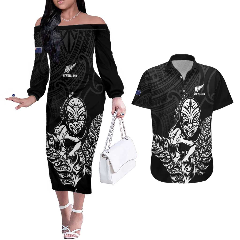 New Zealand Silver Fern Rugby Custom Couples Matching Off The Shoulder Long Sleeve Dress and Hawaiian Shirt Maori Tiki Black Version