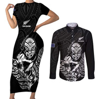 New Zealand Silver Fern Rugby Custom Couples Matching Short Sleeve Bodycon Dress and Long Sleeve Button Shirt Maori Tiki Black Version