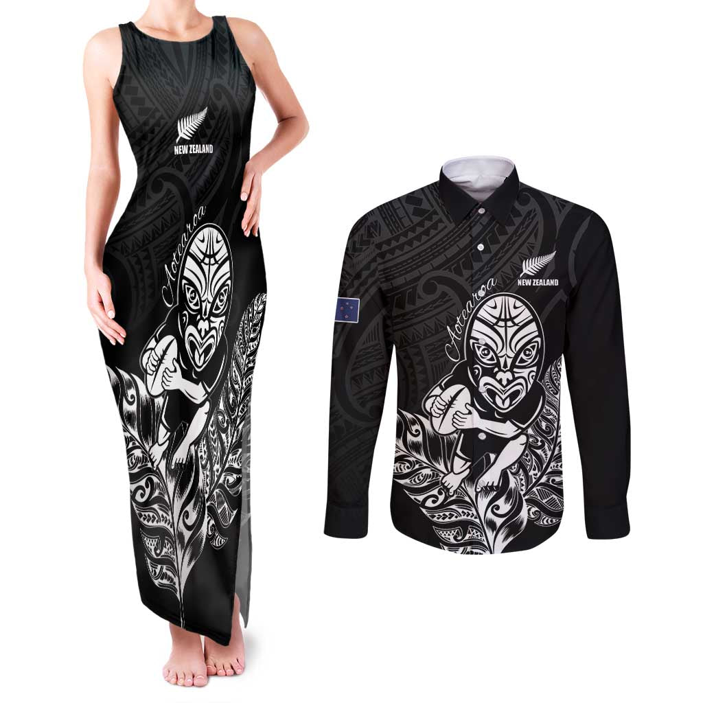 New Zealand Silver Fern Rugby Custom Couples Matching Tank Maxi Dress and Long Sleeve Button Shirt Maori Tiki Black Version
