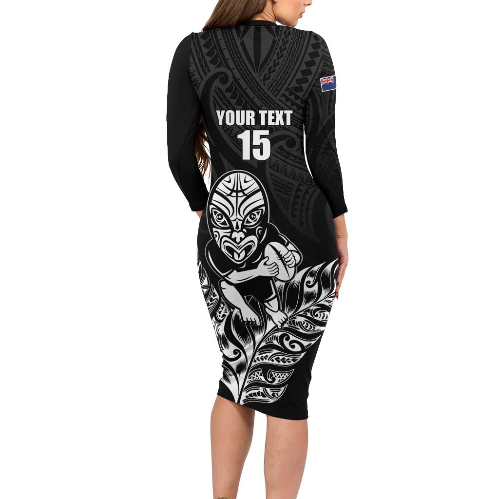 New Zealand Silver Fern Rugby Custom Family Matching Long Sleeve Bodycon Dress and Hawaiian Shirt Maori Tiki Black Version