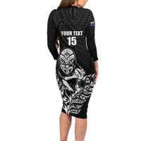 New Zealand Silver Fern Rugby Custom Family Matching Long Sleeve Bodycon Dress and Hawaiian Shirt Maori Tiki Black Version