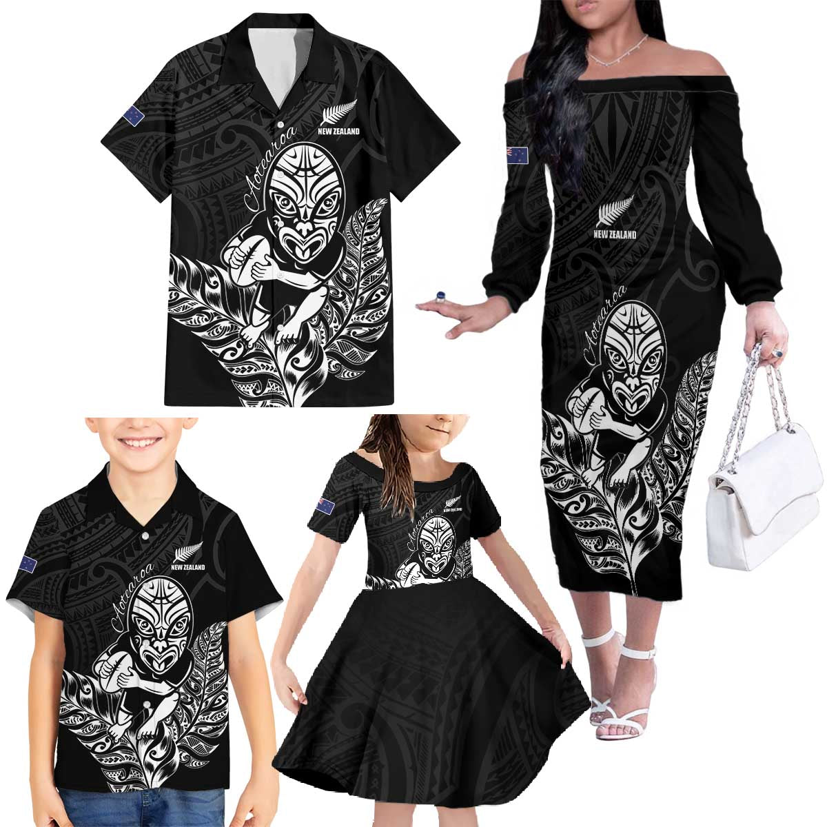 New Zealand Silver Fern Rugby Custom Family Matching Off The Shoulder Long Sleeve Dress and Hawaiian Shirt Maori Tiki Black Version