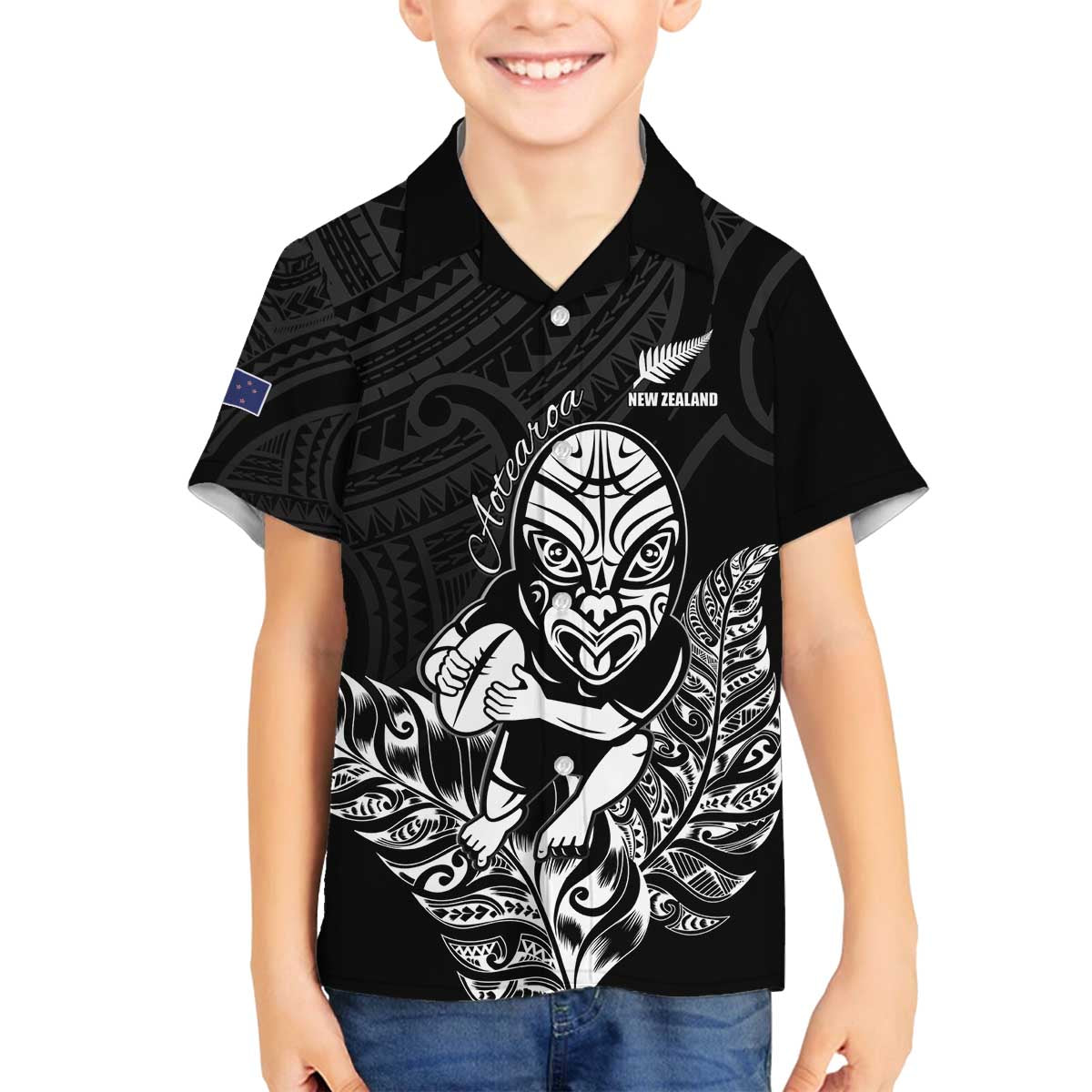 New Zealand Silver Fern Rugby Custom Family Matching Off The Shoulder Long Sleeve Dress and Hawaiian Shirt Maori Tiki Black Version