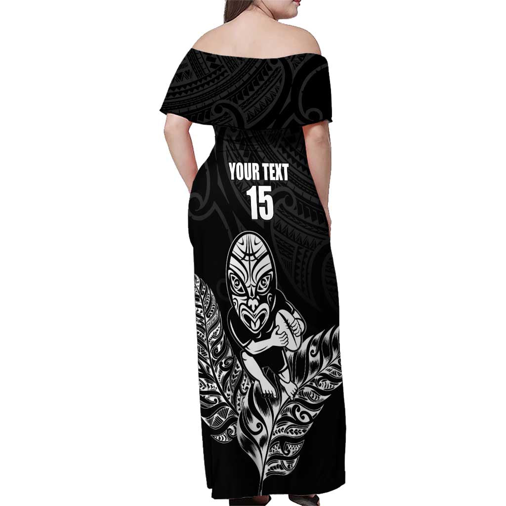 New Zealand Silver Fern Rugby Custom Family Matching Off Shoulder Maxi Dress and Hawaiian Shirt Maori Tiki Black Version