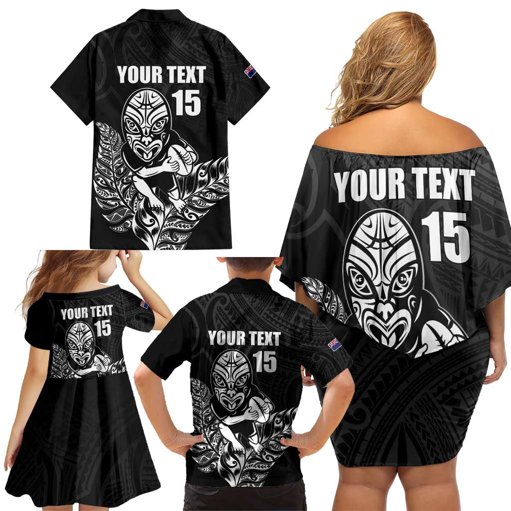New Zealand Silver Fern Rugby Custom Family Matching Off Shoulder Short Dress and Hawaiian Shirt Maori Tiki Black Version