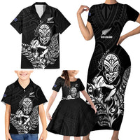 New Zealand Silver Fern Rugby Custom Family Matching Short Sleeve Bodycon Dress and Hawaiian Shirt Maori Tiki Black Version
