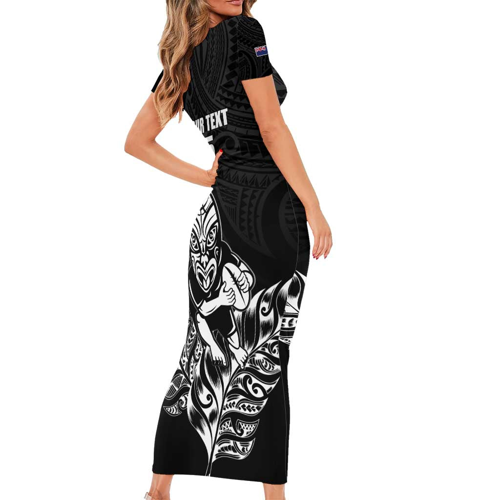 New Zealand Silver Fern Rugby Custom Family Matching Short Sleeve Bodycon Dress and Hawaiian Shirt Maori Tiki Black Version