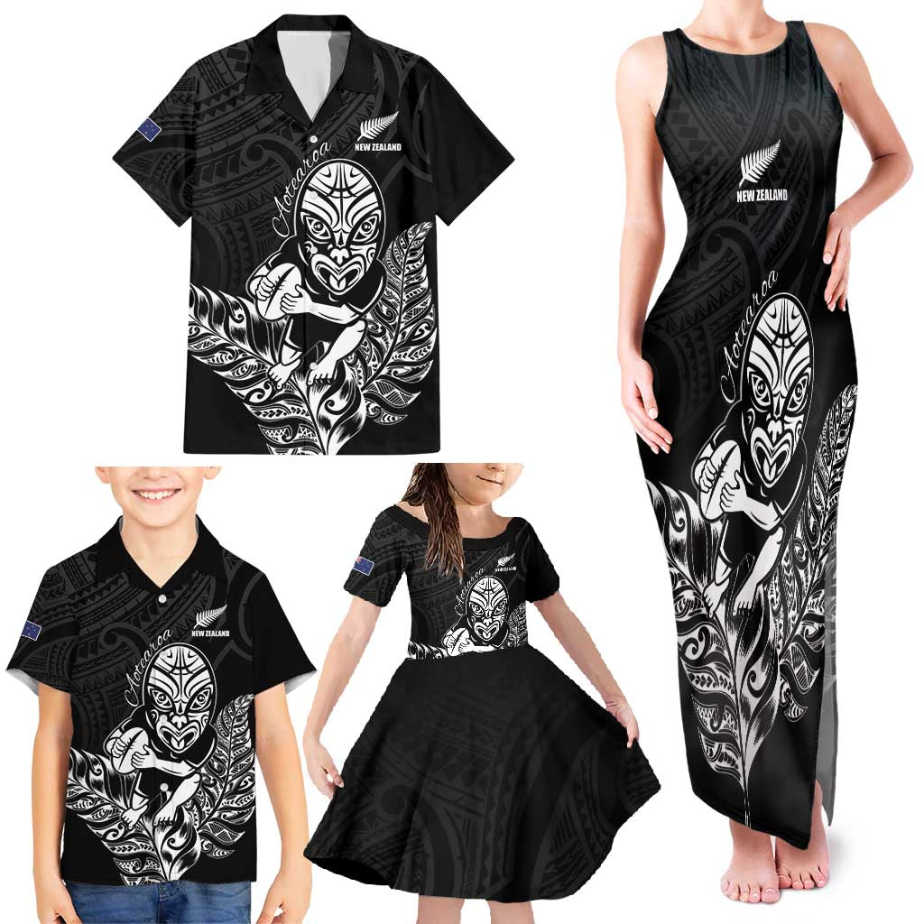 New Zealand Silver Fern Rugby Custom Family Matching Tank Maxi Dress and Hawaiian Shirt Maori Tiki Black Version