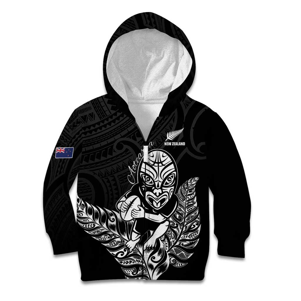 New Zealand Silver Fern Rugby Custom Kid Hoodie Maori Tiki Black Version