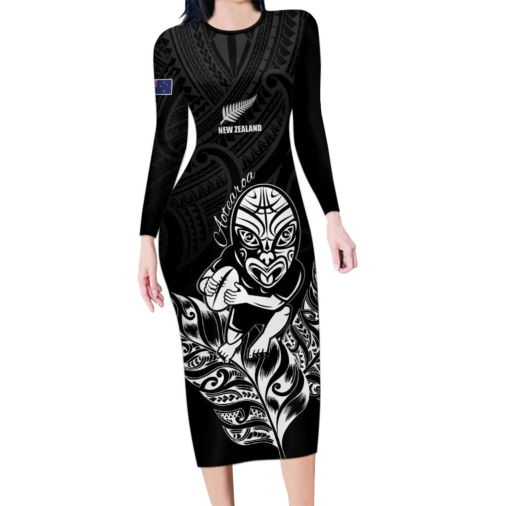 New Zealand Silver Fern Rugby Custom Long Sleeve Bodycon Dress Maori Tiki Black Version