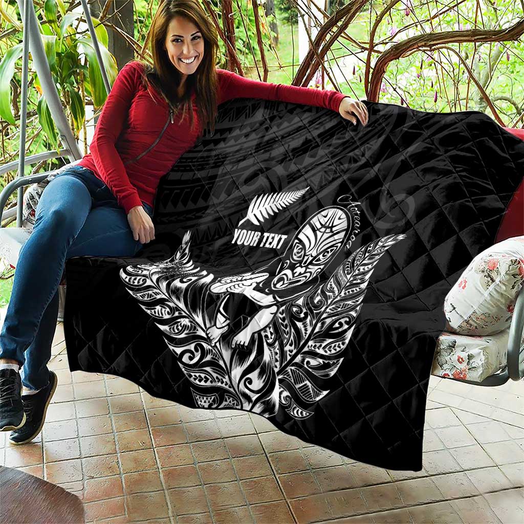 New Zealand Silver Fern Rugby Custom Quilt Maori Tiki Black Version