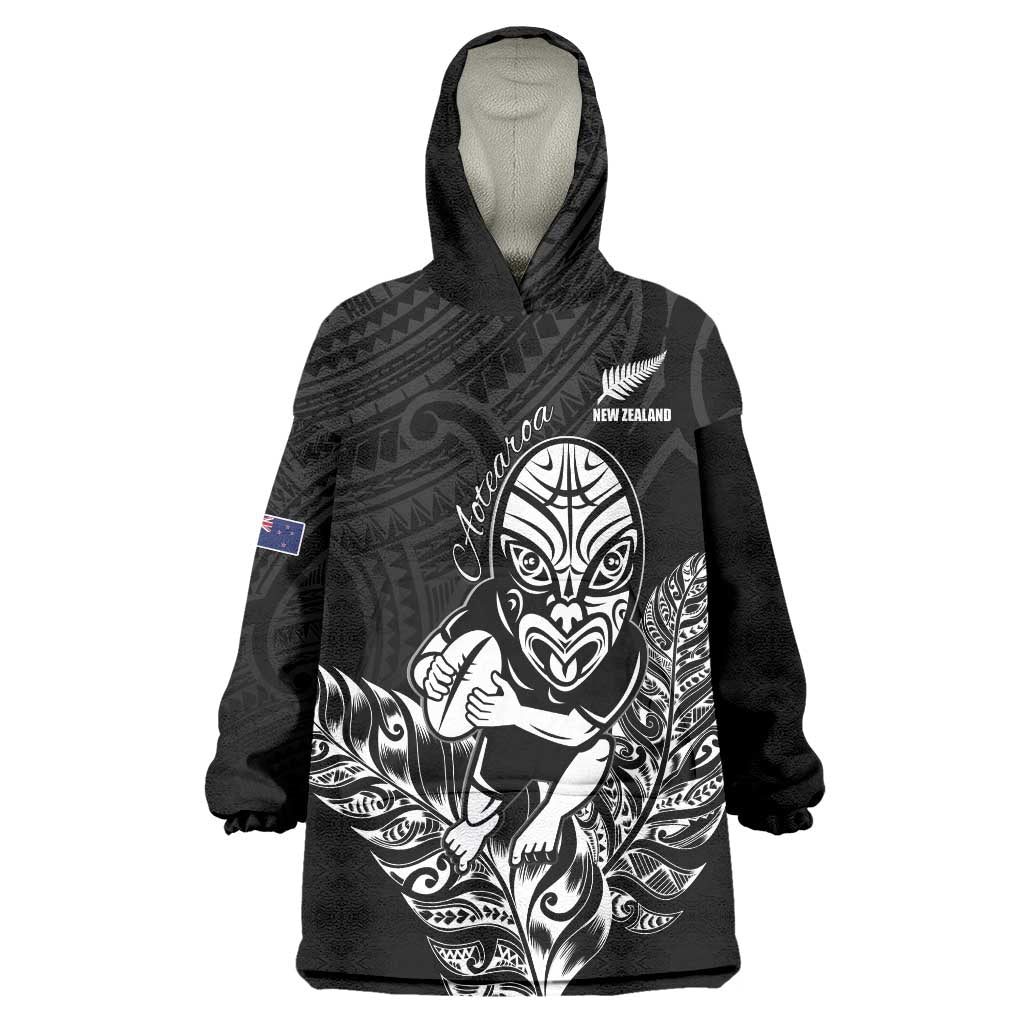 New Zealand Silver Fern Rugby Custom Wearable Blanket Hoodie Maori Tiki Black Version
