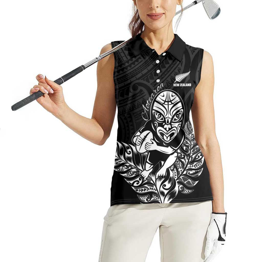 New Zealand Silver Fern Rugby Custom Women Sleeveless Polo Shirt Maori Tiki Black Version