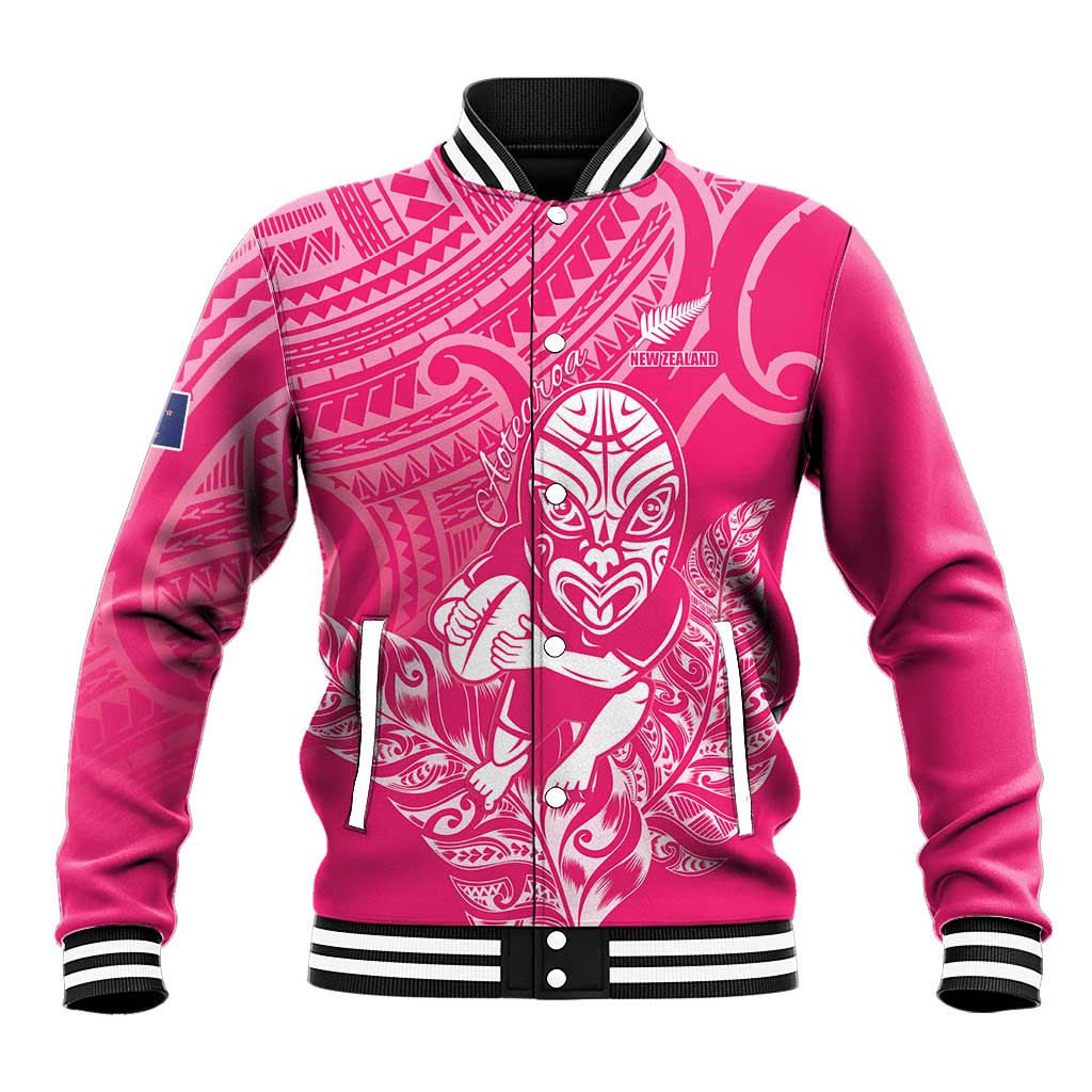 New Zealand Silver Fern Rugby Custom Baseball Jacket Maori Tiki Pink Version