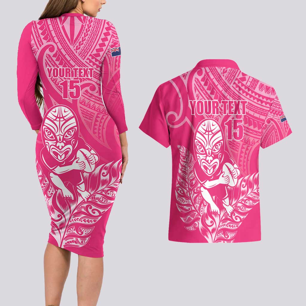 New Zealand Silver Fern Rugby Custom Couples Matching Long Sleeve Bodycon Dress and Hawaiian Shirt Maori Tiki Pink Version