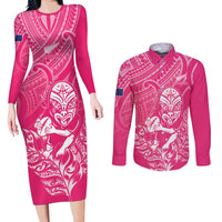 New Zealand Silver Fern Rugby Custom Couples Matching Long Sleeve Bodycon Dress and Long Sleeve Button Shirt Maori Tiki Pink Version