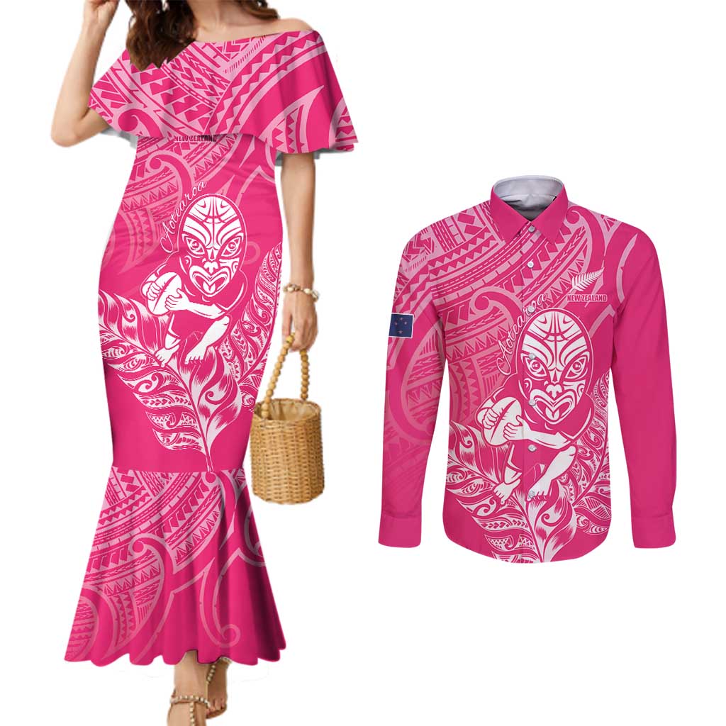 New Zealand Silver Fern Rugby Custom Couples Matching Mermaid Dress and Long Sleeve Button Shirt Maori Tiki Pink Version