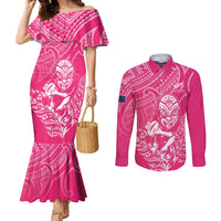 New Zealand Silver Fern Rugby Custom Couples Matching Mermaid Dress and Long Sleeve Button Shirt Maori Tiki Pink Version