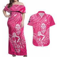 New Zealand Silver Fern Rugby Custom Couples Matching Off Shoulder Maxi Dress and Hawaiian Shirt Maori Tiki Pink Version