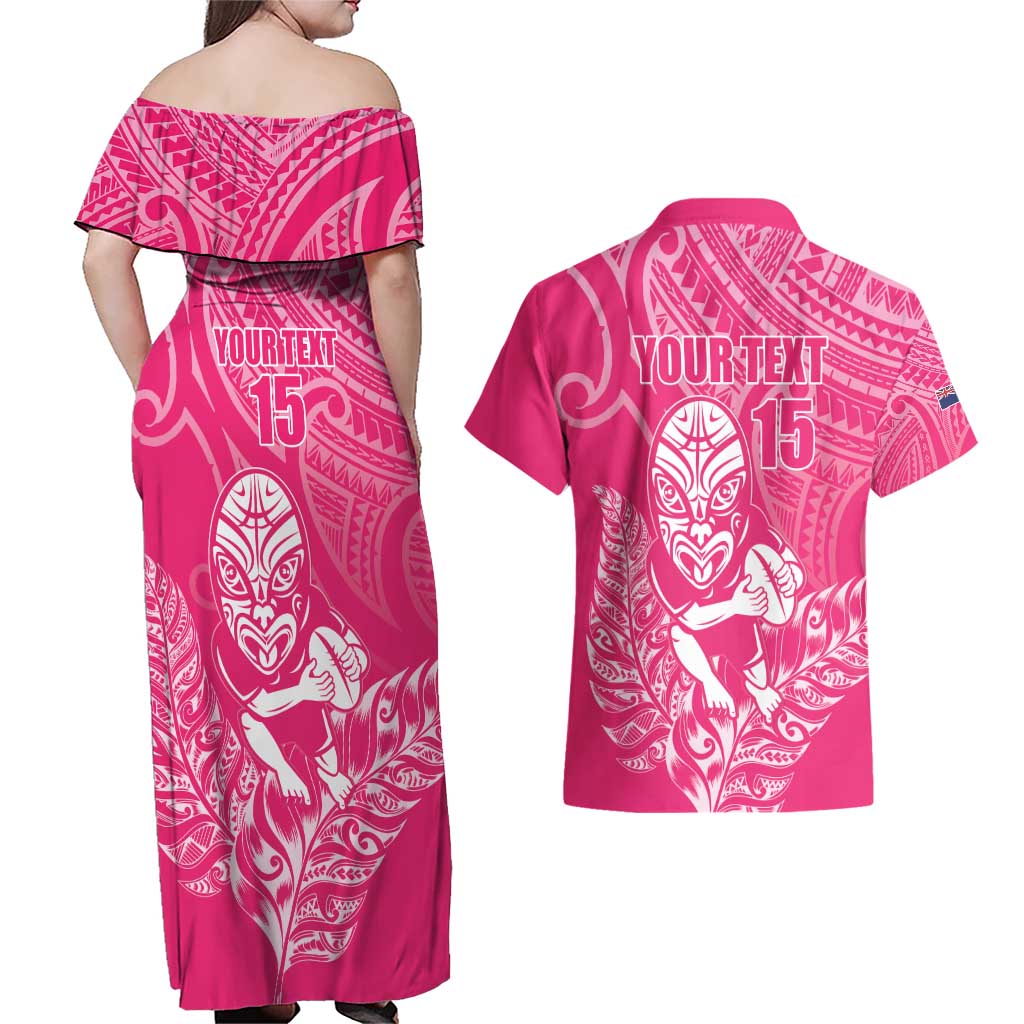 New Zealand Silver Fern Rugby Custom Couples Matching Off Shoulder Maxi Dress and Hawaiian Shirt Maori Tiki Pink Version