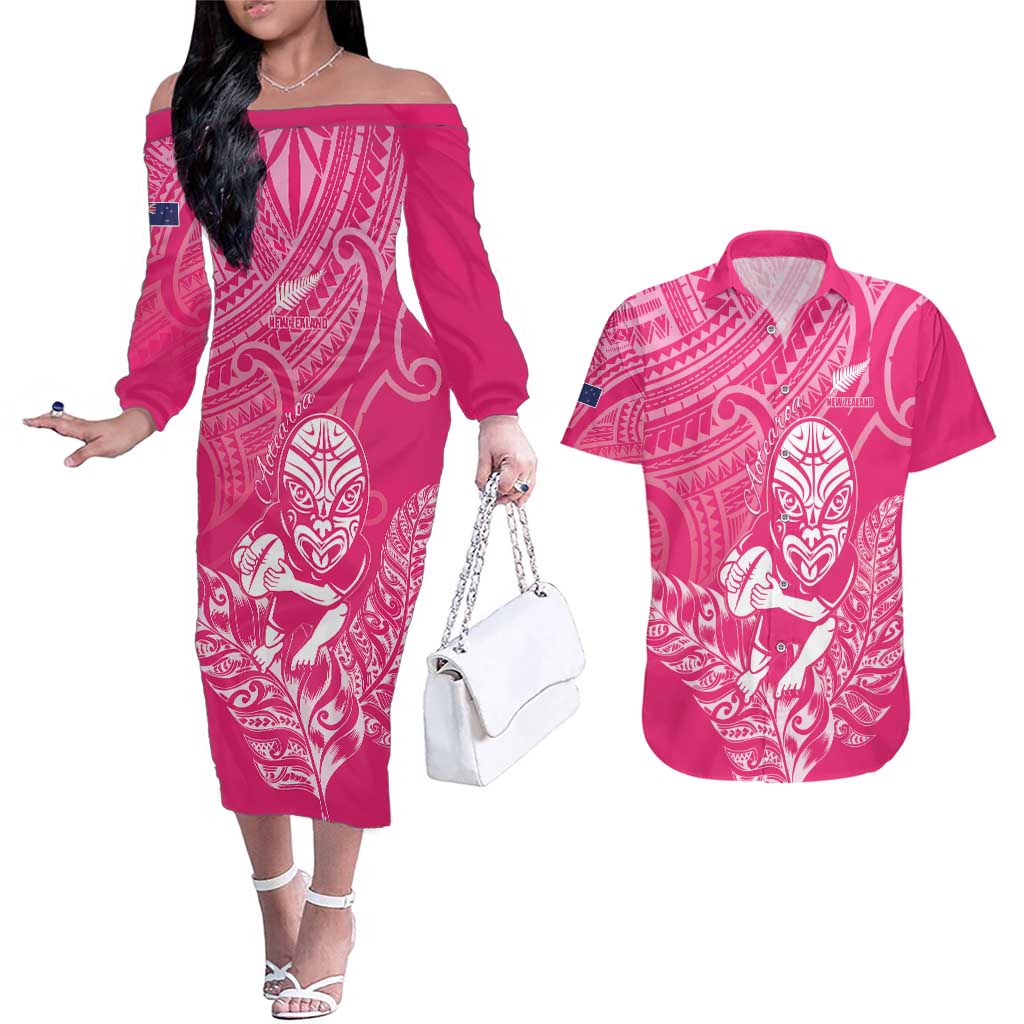 New Zealand Silver Fern Rugby Custom Couples Matching Off The Shoulder Long Sleeve Dress and Hawaiian Shirt Maori Tiki Pink Version