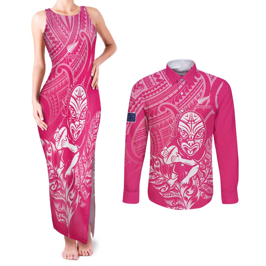 New Zealand Silver Fern Rugby Custom Couples Matching Tank Maxi Dress and Long Sleeve Button Shirt Maori Tiki Pink Version