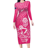 New Zealand Silver Fern Rugby Custom Family Matching Long Sleeve Bodycon Dress and Hawaiian Shirt Maori Tiki Pink Version