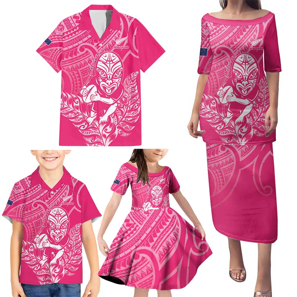 New Zealand Silver Fern Rugby Custom Family Matching Puletasi and Hawaiian Shirt Maori Tiki Pink Version