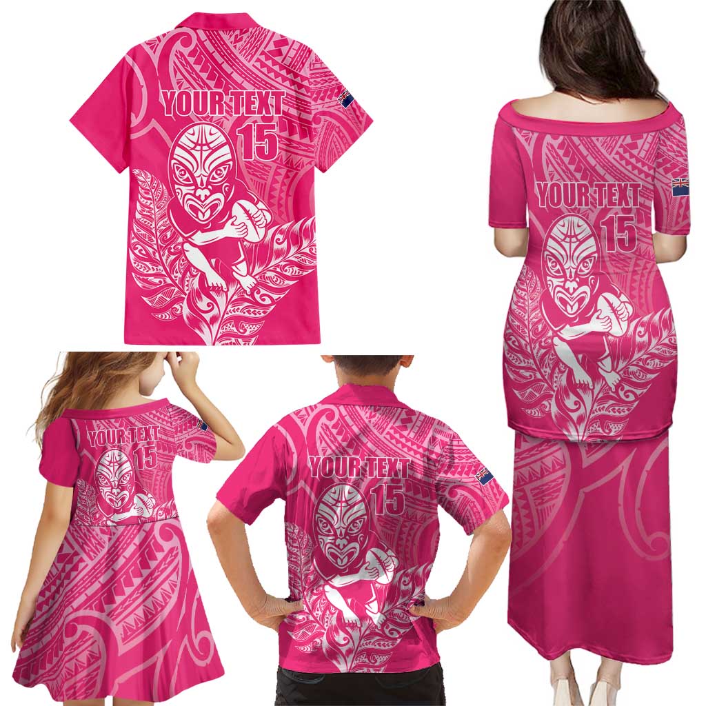 New Zealand Silver Fern Rugby Custom Family Matching Puletasi and Hawaiian Shirt Maori Tiki Pink Version