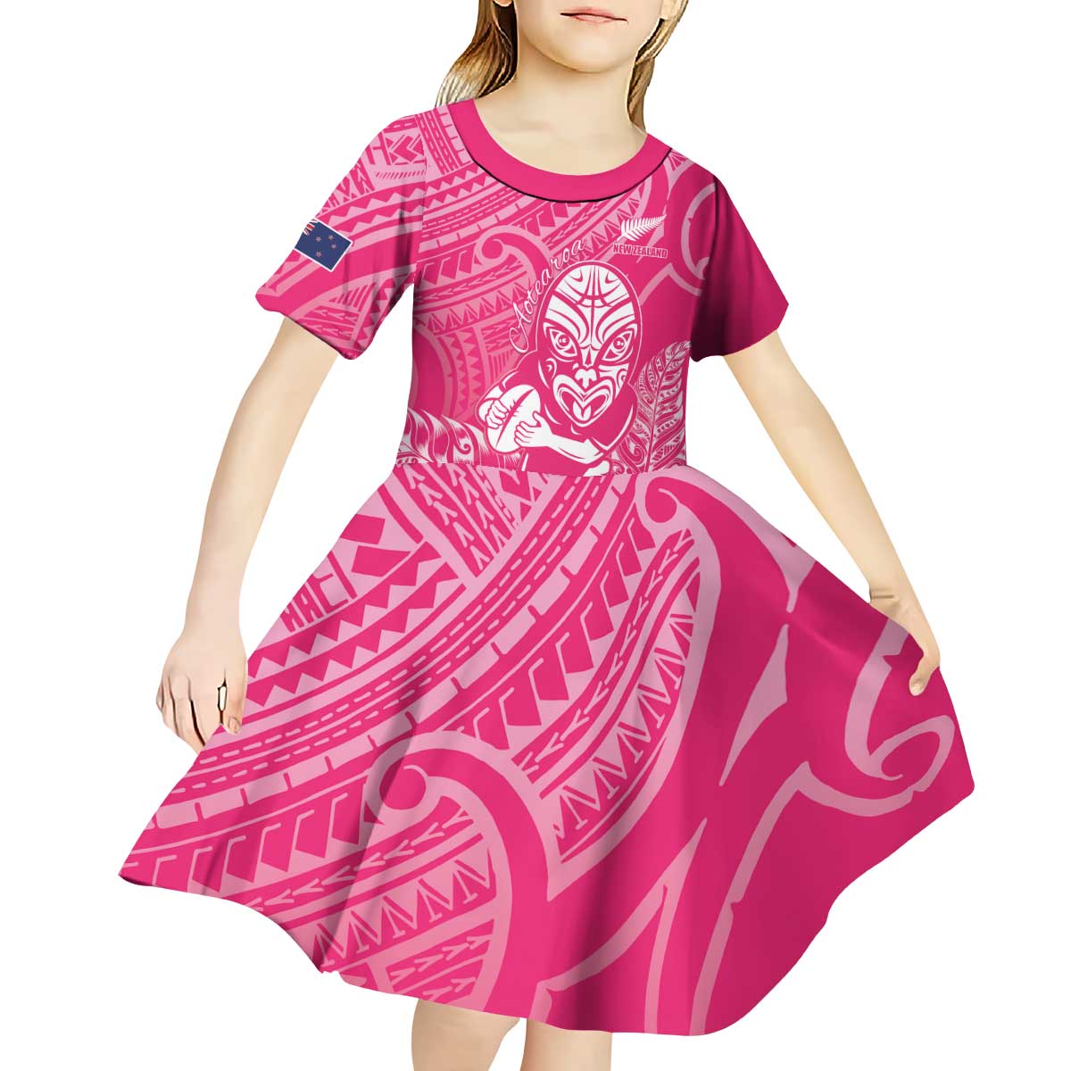 New Zealand Silver Fern Rugby Custom Kid Short Sleeve Dress Maori Tiki Pink Version
