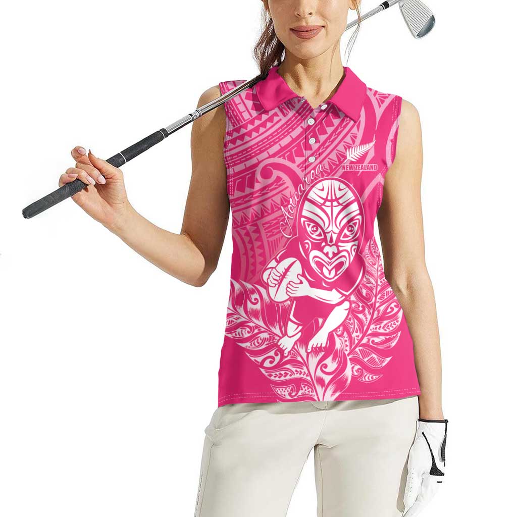 New Zealand Silver Fern Rugby Custom Women Sleeveless Polo Shirt Maori Tiki Pink Version