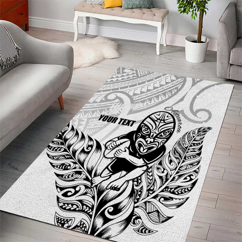 New Zealand Silver Fern Rugby Custom Area Rug Maori Tiki White Version