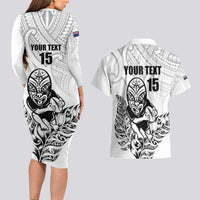 New Zealand Silver Fern Rugby Custom Couples Matching Long Sleeve Bodycon Dress and Hawaiian Shirt Maori Tiki White Version