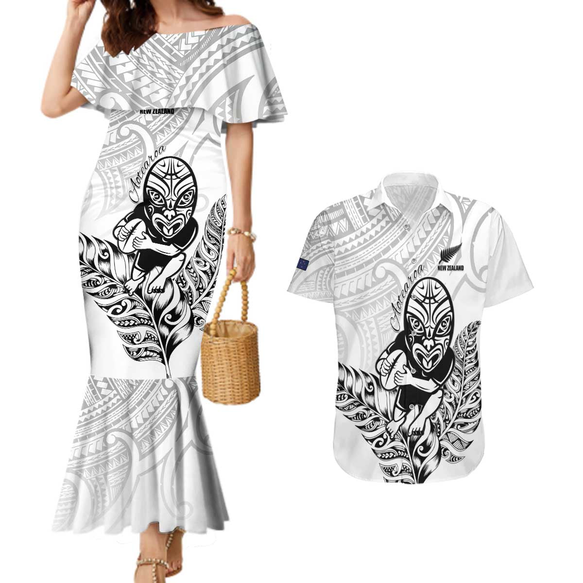 New Zealand Silver Fern Rugby Custom Couples Matching Mermaid Dress and Hawaiian Shirt Maori Tiki White Version