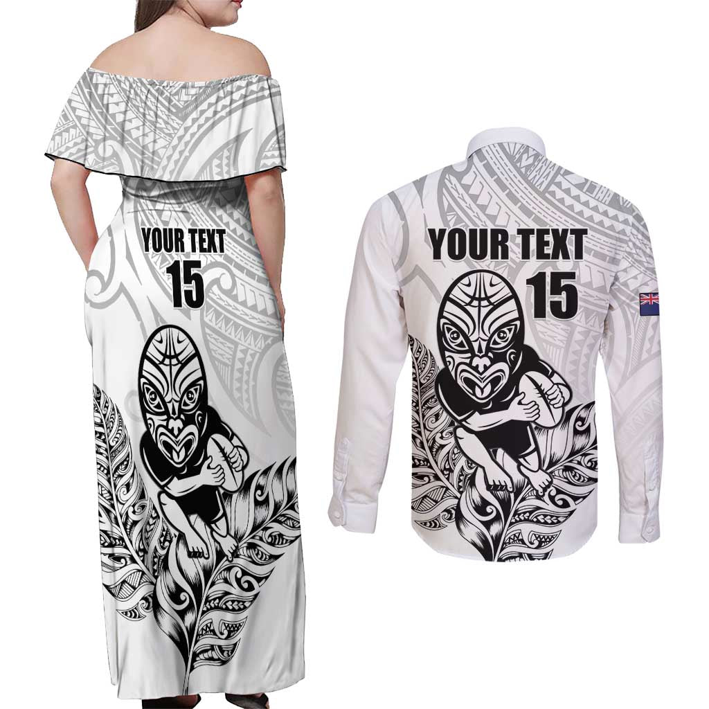 New Zealand Silver Fern Rugby Custom Couples Matching Off Shoulder Maxi Dress and Long Sleeve Button Shirt Maori Tiki White Version
