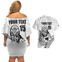 New Zealand Silver Fern Rugby Custom Couples Matching Off Shoulder Short Dress and Hawaiian Shirt Maori Tiki White Version