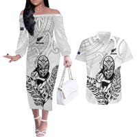 New Zealand Silver Fern Rugby Custom Couples Matching Off The Shoulder Long Sleeve Dress and Hawaiian Shirt Maori Tiki White Version