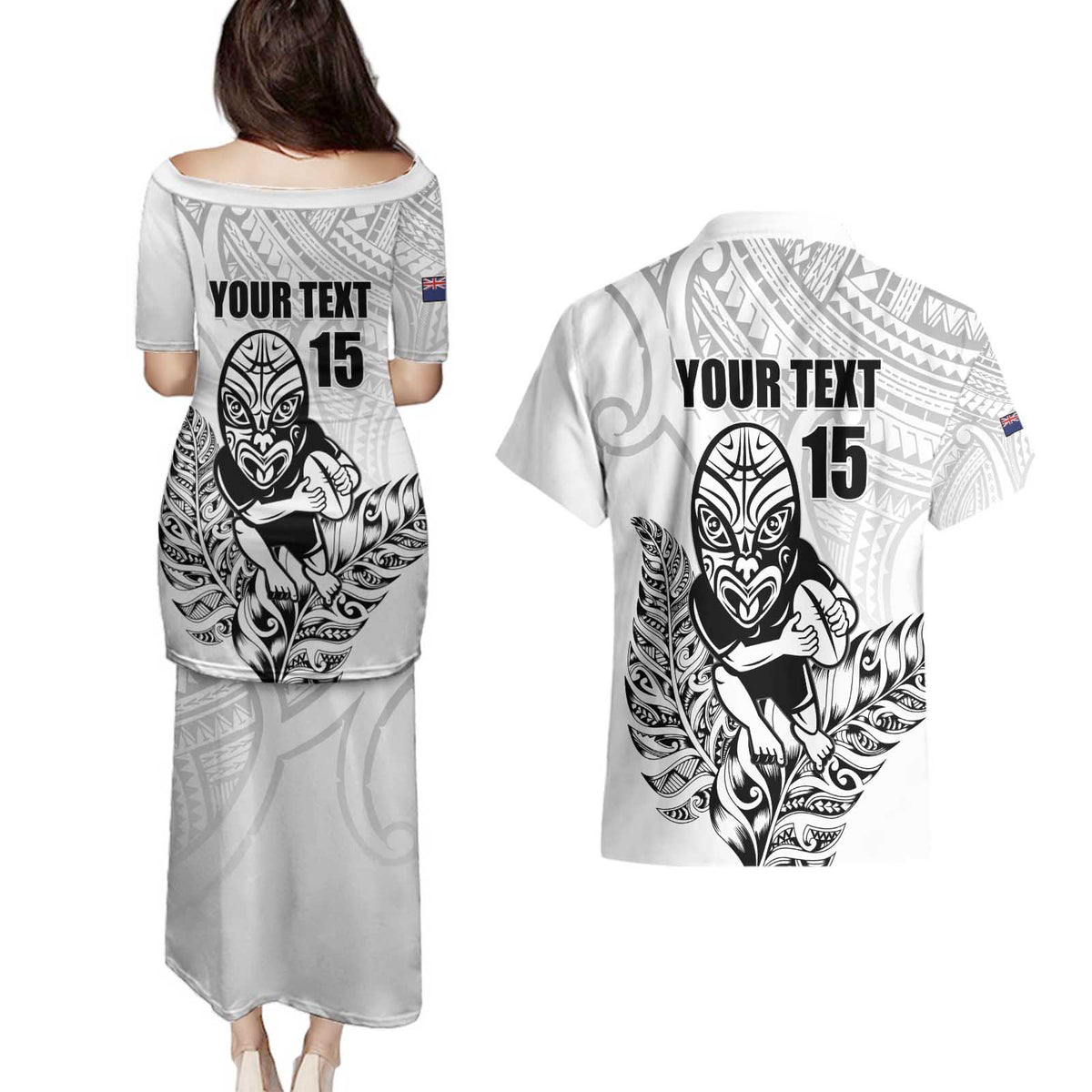 New Zealand Silver Fern Rugby Custom Couples Matching Puletasi and Hawaiian Shirt Maori Tiki White Version