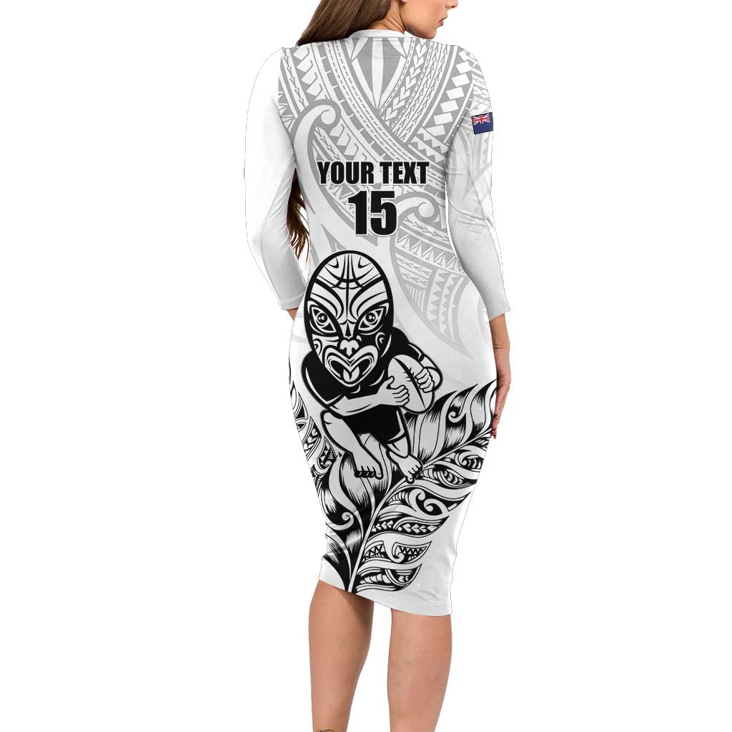 New Zealand Silver Fern Rugby Custom Family Matching Long Sleeve Bodycon Dress and Hawaiian Shirt Maori Tiki White Version