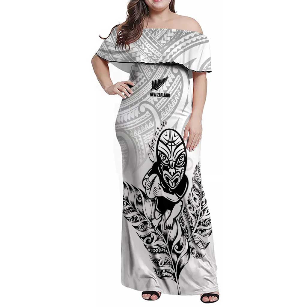 New Zealand Silver Fern Rugby Custom Family Matching Off Shoulder Maxi Dress and Hawaiian Shirt Maori Tiki White Version