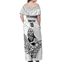 New Zealand Silver Fern Rugby Custom Family Matching Off Shoulder Maxi Dress and Hawaiian Shirt Maori Tiki White Version