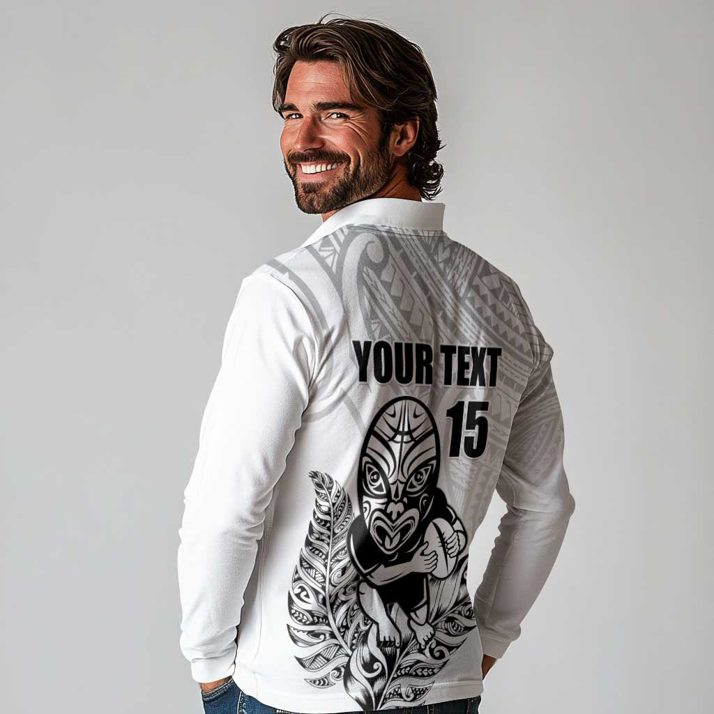 New Zealand Silver Fern Rugby Custom Long Sleeve Polo Shirt Maori Tiki White Version