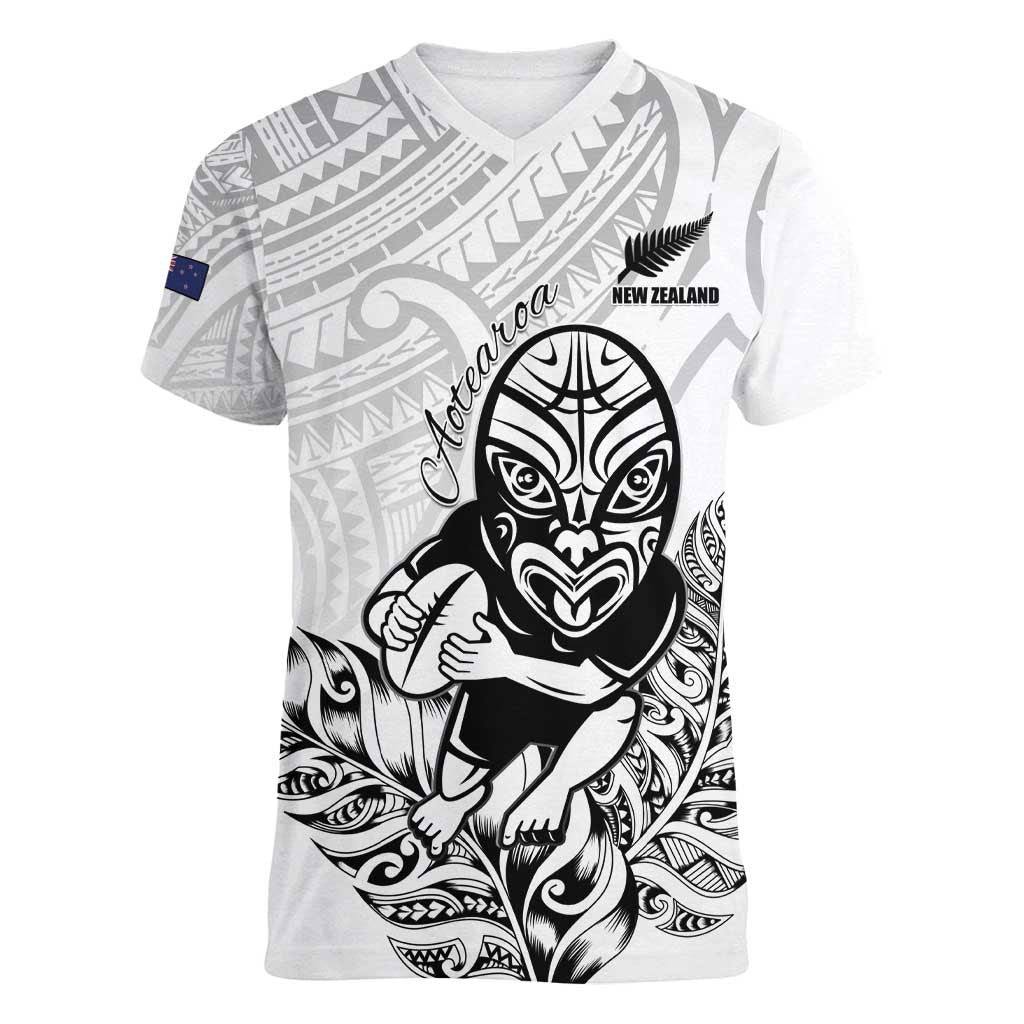 New Zealand Silver Fern Rugby Custom Women V-Neck T-Shirt Maori Tiki White Version