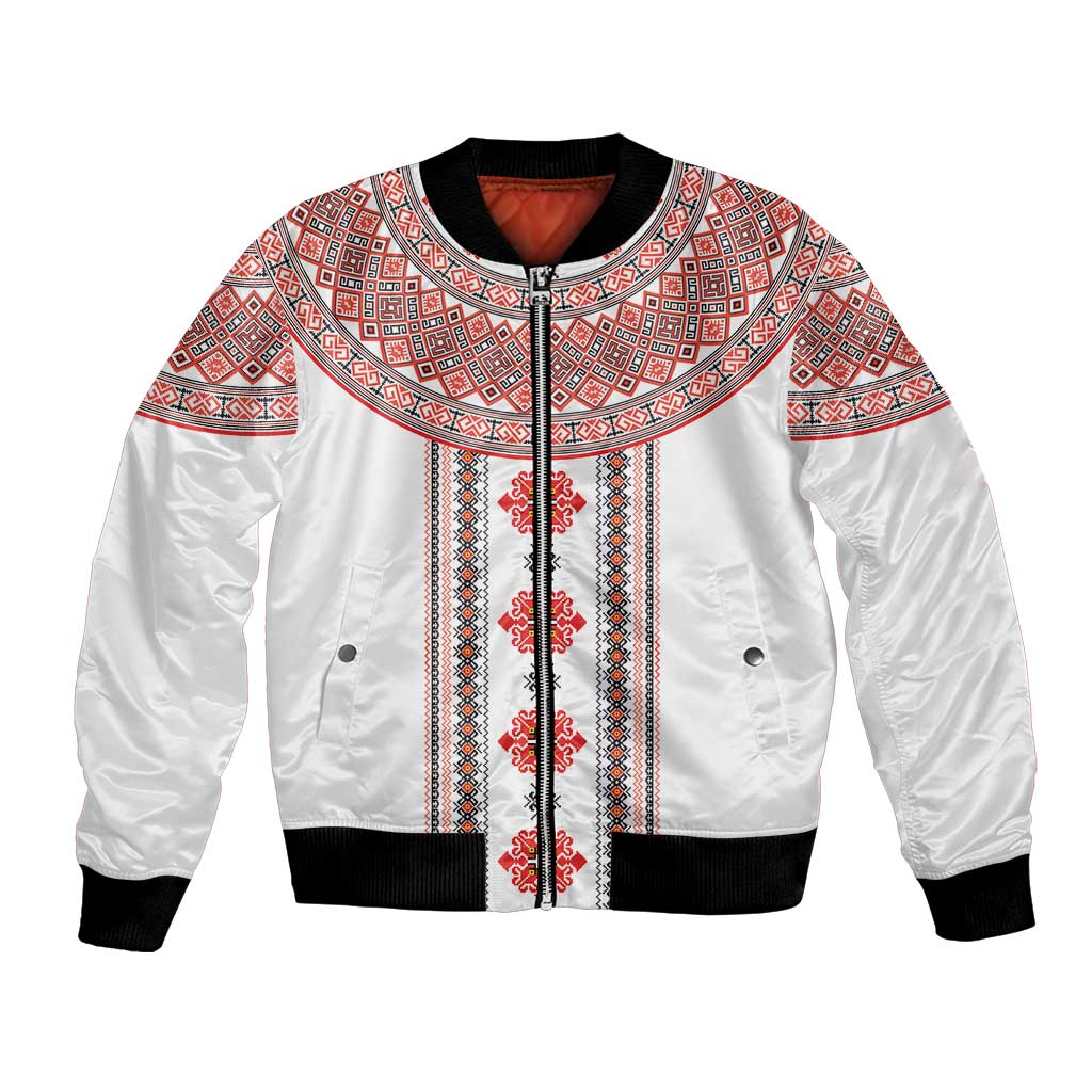 Bulgarian Embroidery Style Seamless Pattern Bomber Jacket
