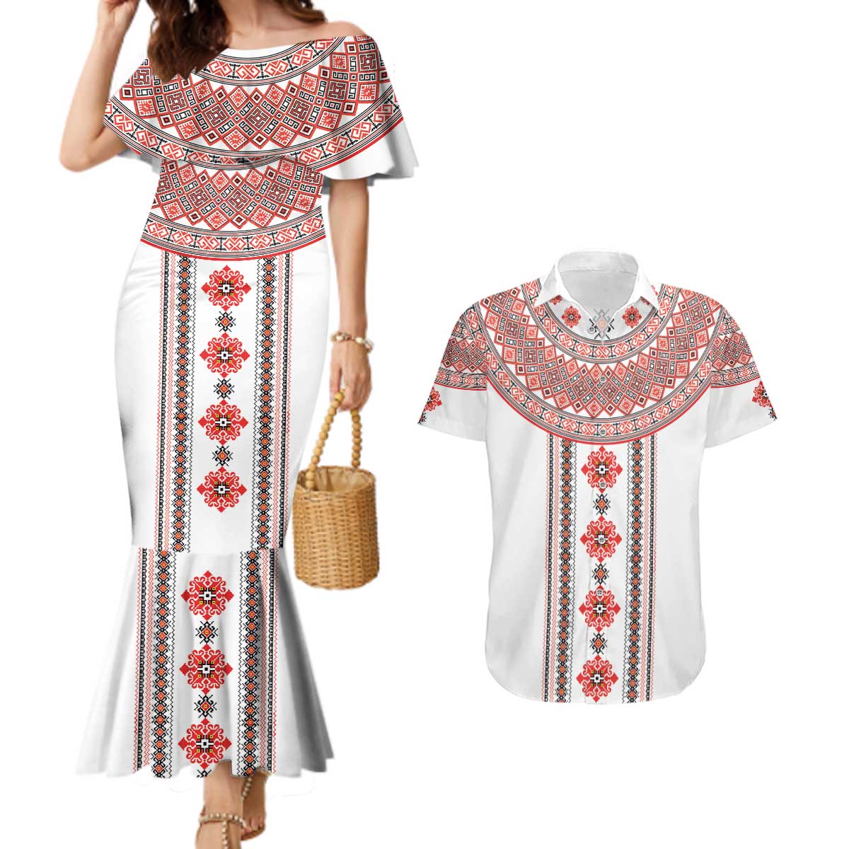 Bulgarian Embroidery Style Seamless Pattern Couples Matching Mermaid Dress and Hawaiian Shirt