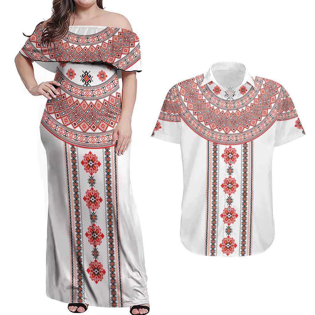 Bulgarian Embroidery Style Seamless Pattern Couples Matching Off Shoulder Maxi Dress and Hawaiian Shirt