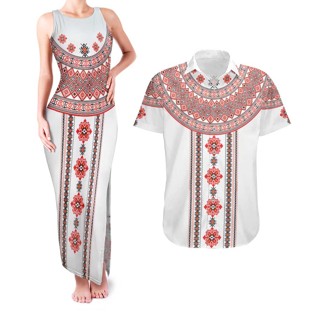 Bulgarian Embroidery Style Seamless Pattern Couples Matching Tank Maxi Dress and Hawaiian Shirt